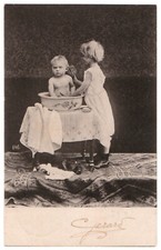Vintage postcard little girl bathes baby brother children �1902 Germany original