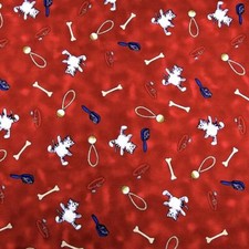 Cats Pet Items Strewn on a Red Background, A Clothworks Cotton Fabric, BTY