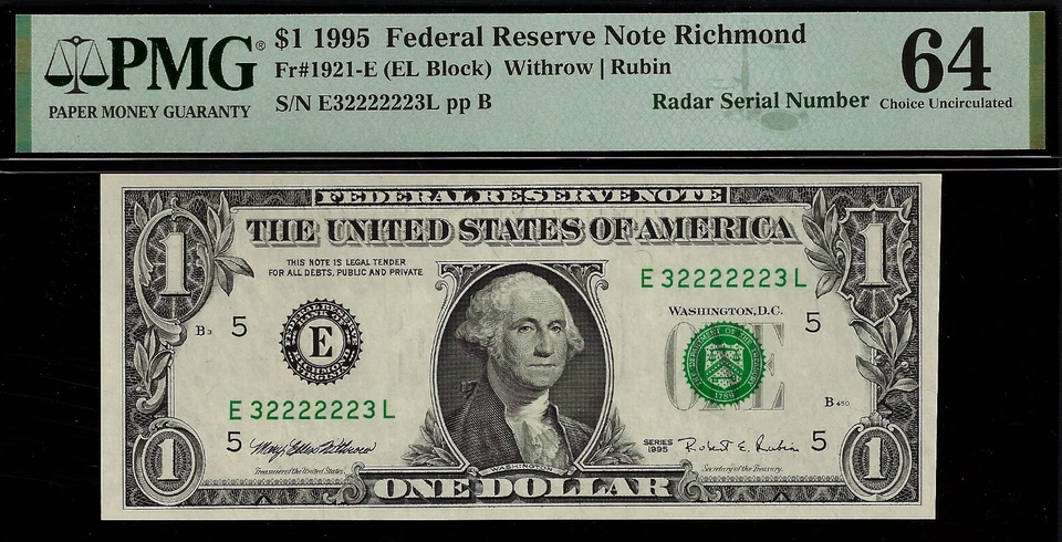 1995 $1 Federal Reserve Note PMG 64 fancy super radar serial number 32222223 - Image 2 of 3