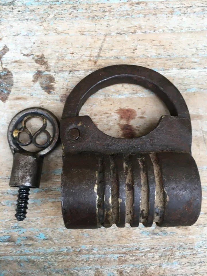 Antique Primitive Indian Hand Forged & Figured Iron Made Rare Design Lock & Key