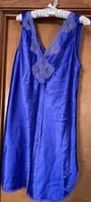 Vintage Val Mode Lingerie Satin Silky Negligee V Neck Sz Med  Blue Lace