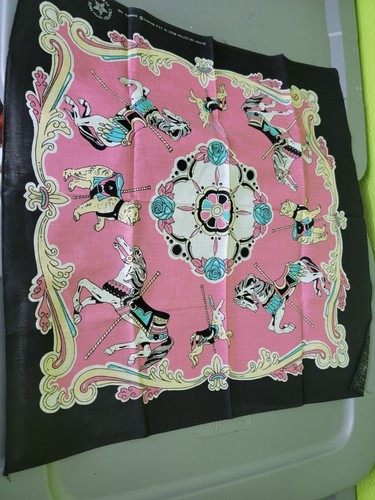 Vintage Bandana Made in USA Pink Carousel Horses 50/50 Handkerchief Vtg