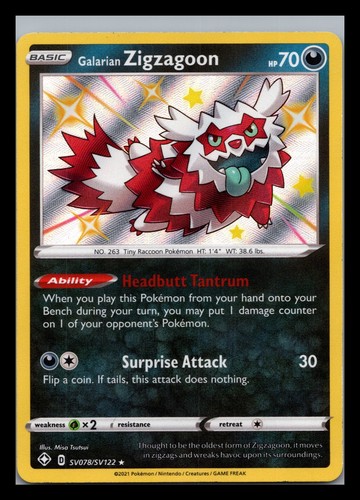 Galarian Zigzagoon SV078/SV122 Shining Fates Shiny Vault Pokemon Holo NM