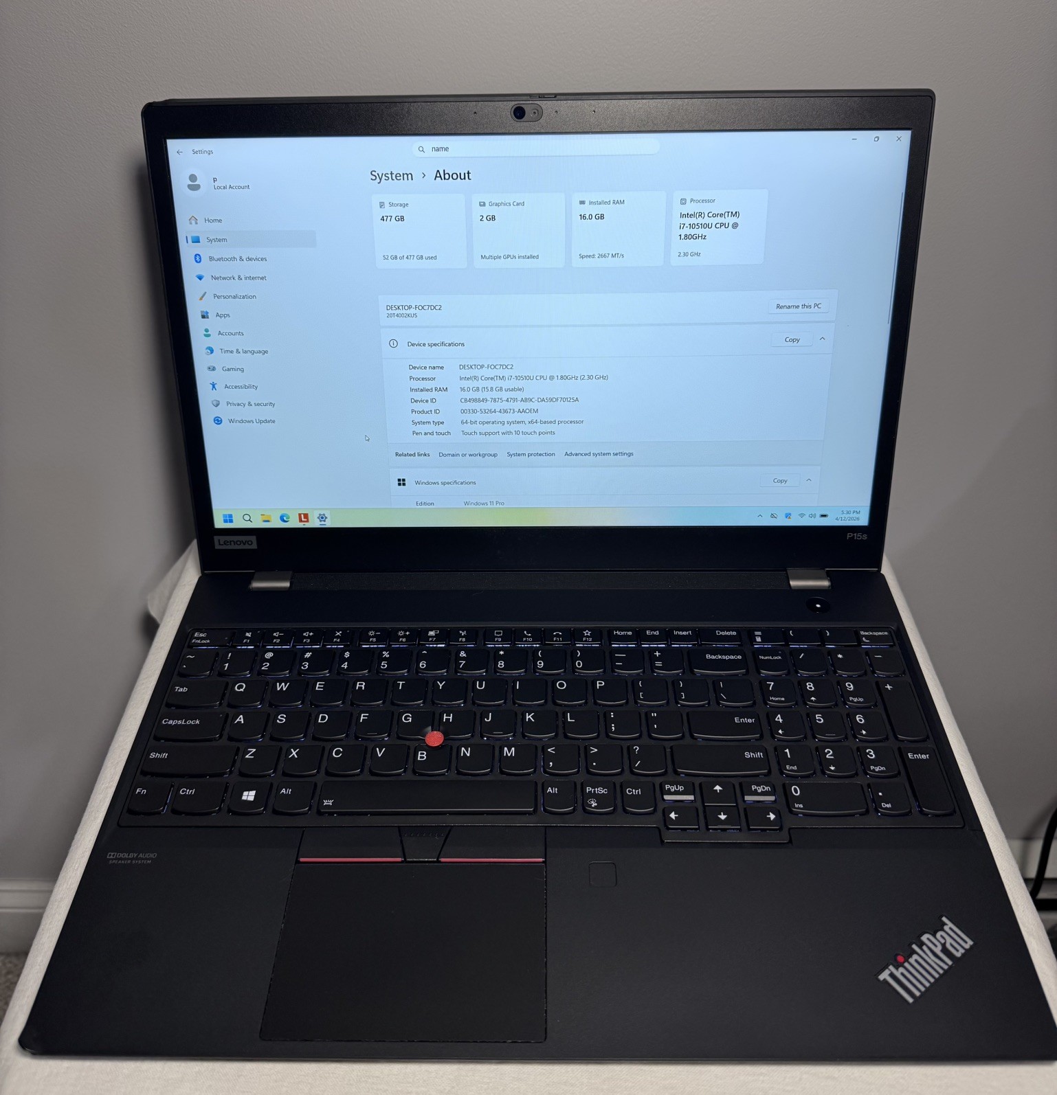 LENOVO ThinkPad P15s Gen1 i7 | 16GB RAM | 512GB SSD | WIN11P | TOUCHSCREEN