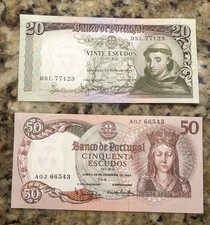 1964 Portugal 2 Note Lot 20 Escudos P-167.a & 50 Escudos P-168 Uncirculated