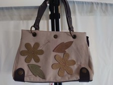 Damen Henkeltasche Canvas beige Blumen-Applik...