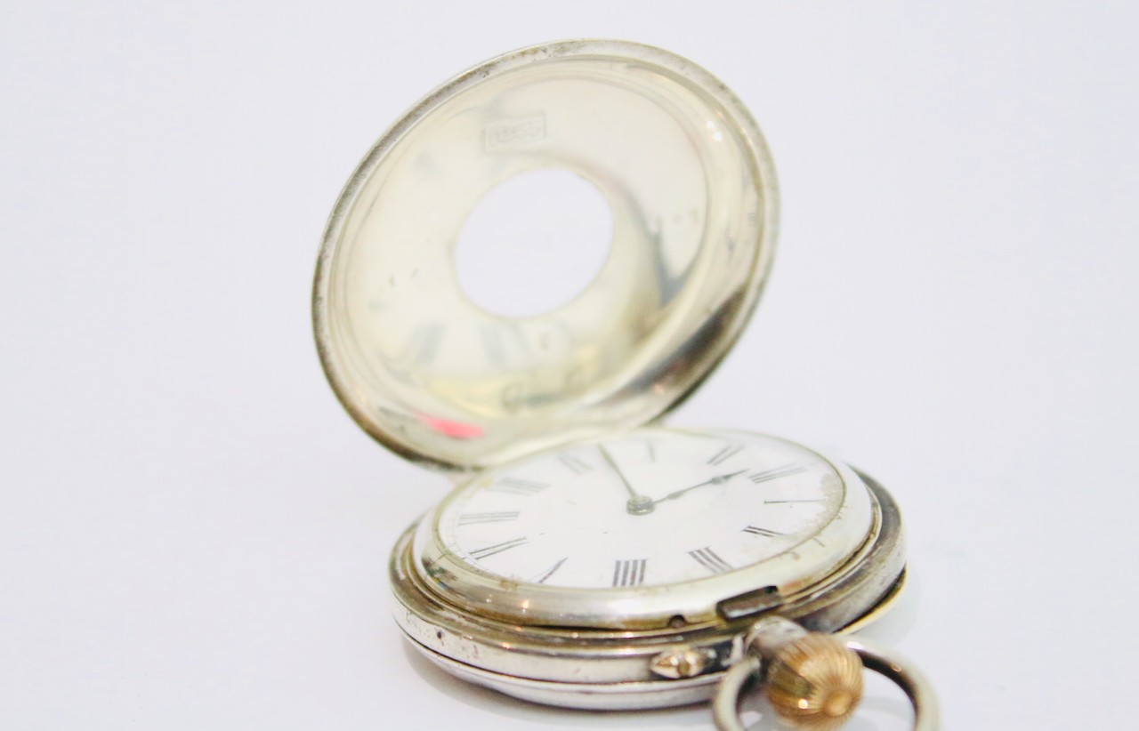 Sterling solid silver half hunter pocket watch sp… - image 9