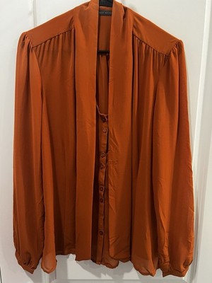 Blouse Rust Orange Burnt Sheer Chiffon Bow Neck Tie Button Up