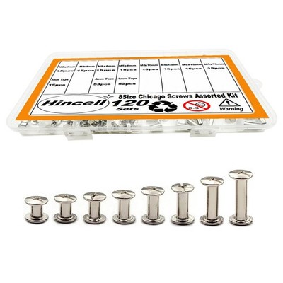 120Sets Chicago Screws Kit, 8 Sizes Screw Rivets Silver Chicago Binding Screws f