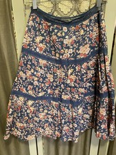 Ralph Lauren Women's S Blue Cotton Tiered Floral Print Crepe Skirt Lace Detail