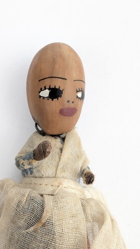 Vintage New Orleans Souvenir Doll Handmade Wood Head Folk Art Cloth Dress