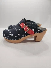 Cape Clogs Swedish Wooden Suede Slip on Clogs Americana 4th of July Stars Red Wh