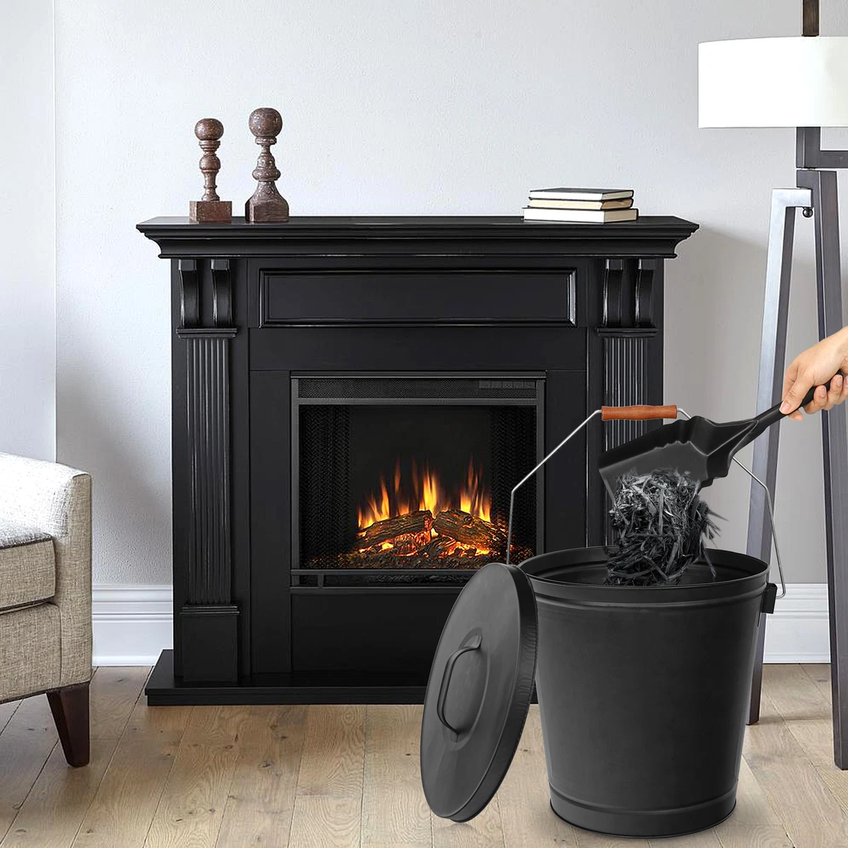 Black Metal Fireplace Ash Bucket With Shovel Lid Cover Fire Pits Stove  Sturdy | eBay