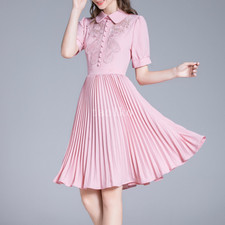 Women's Floral Embroidered Short Sleeve A Line Mid Long Pleated Dress