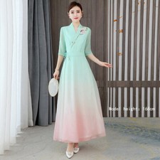 Retro Elegant Chinese Cheongsam Women Floral Chiffon Hanfu Dress Ball Gown Fairy