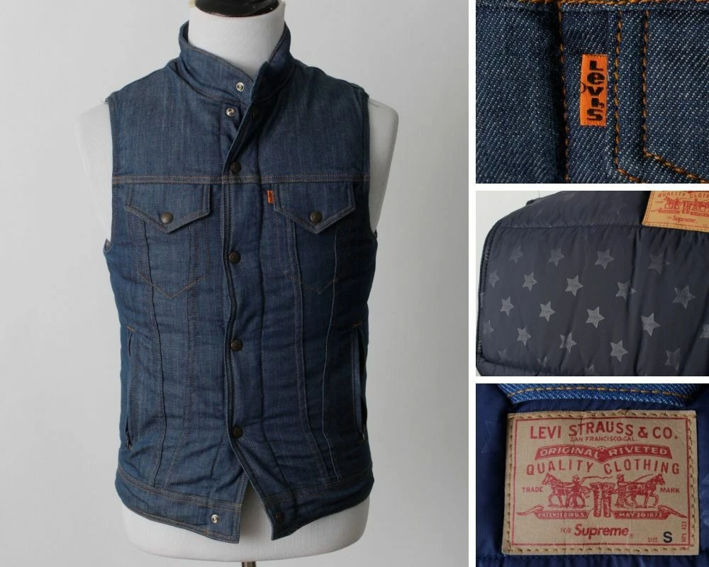 Robert Downey Jr's Supreme x Levi's gilet gonflé denim tampon 2013 petit S XS 