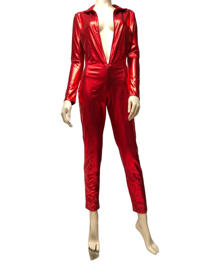 Schwarzer Stretch Lack Catsuit PVC PU Kunstleder Faux Latex Rundhals Bodysuit Festival Jumpsuit/Halloween Kostüm Größe S M L XL