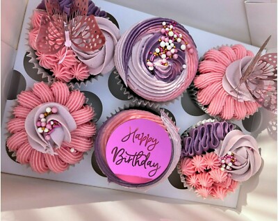 Happy Birthday Cupcake Toppers Acrylic Discs Gold Rose Silver