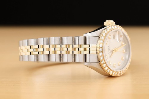 ROLEX LADIES DATE SILVER DIAMOND DIAL 14K YELLOW GOLD STEEL TWO TONE WATCH - Picture 7 of 8