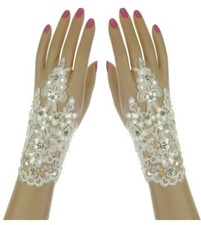 NEW GORGEOUS  LACE-UP BEADED  SEQUINED Fingerless IVORY Gloves  STYLE G211