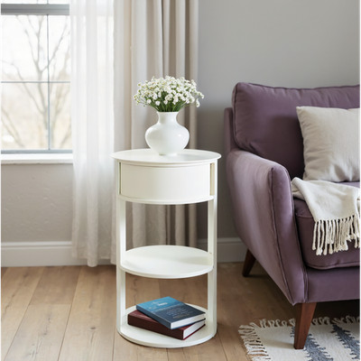 Indoor Metal Round Side Table with Sliding Door Cabinet, Three-Tier