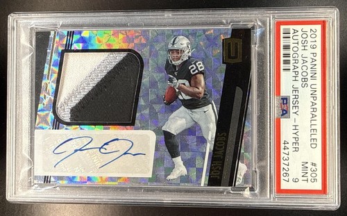 2019 Panini Unparalleled Football Josh Jacobs #305 Jersey Auto Hyper /25 PSA 9