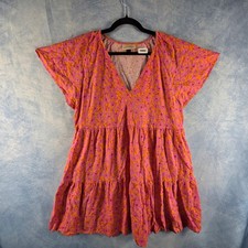 Universal Thread Pink Orange Floral Tiered V-Neck Mini Dress Womens Large L