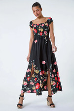 Roman Size 16 Black Floral Shirred Bardot Stretch Maxi Dress Wedding,Party. BNWT