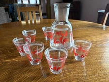 vintage hazel atlas red rooster carafe and 6 juice glasses