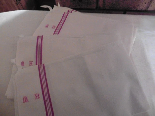 6 ANCIENS TORCHONS METIS LINTEAUX ROUGE ACCROCHE"MH"58X72 CM - Photo 2/4