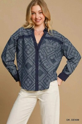 Trendsi Denim Paisley Shirt Jacket Women's Quilted Lightweight Layer