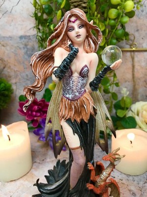 Drache und Fee mit Kristallkugel Zauberin Figur Statue Ornament Geschenk