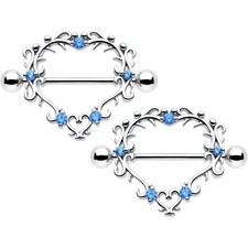 14 Gauge 9/16 Blue Aquamarine Leafy Heart Nipple Shield Set 14K White Gold Over