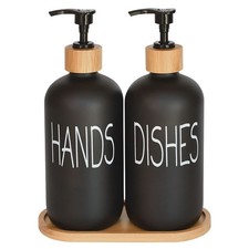 Glass Soap Dispenser Set. Hand and Dish with Bamboo Tray. Vintage Matte Black
