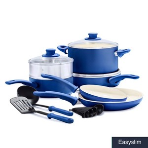 12 Piece Ceramic Nonstick Cookware Set, Blue Stainless Steel with Lids