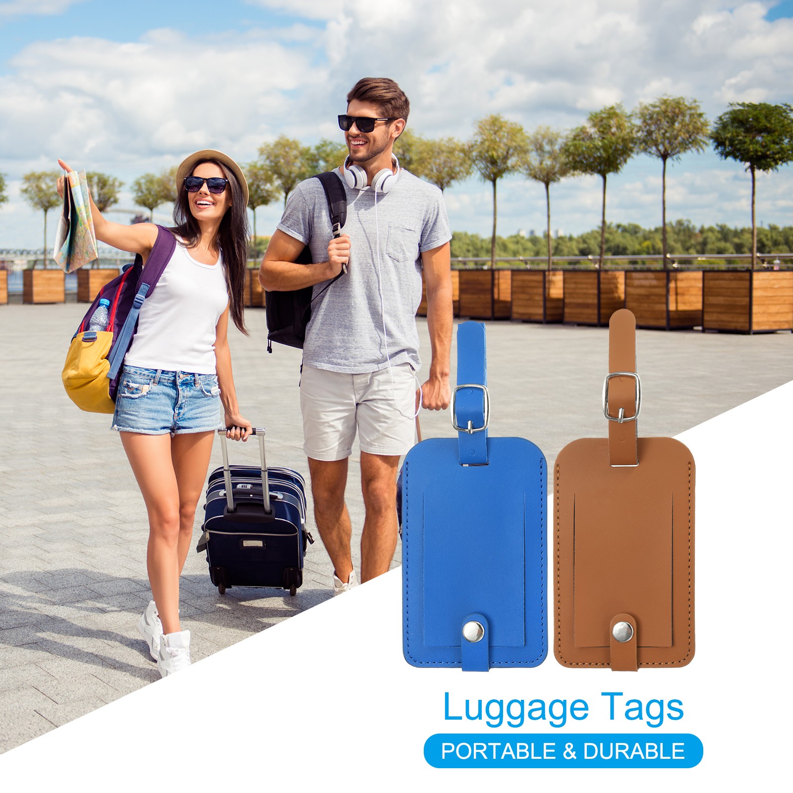 4 Pack Luggage Bag Tags PU Leather Suitcase Name Tags Travel ID Label Brown
