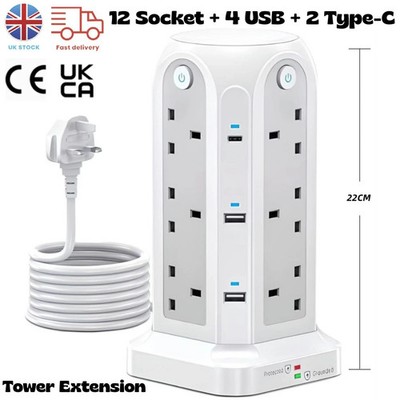 Verlängerung 12-fach Tower Stromkabel USB Mehrfachsteckdose Überspannungsschutz Steckdose UK