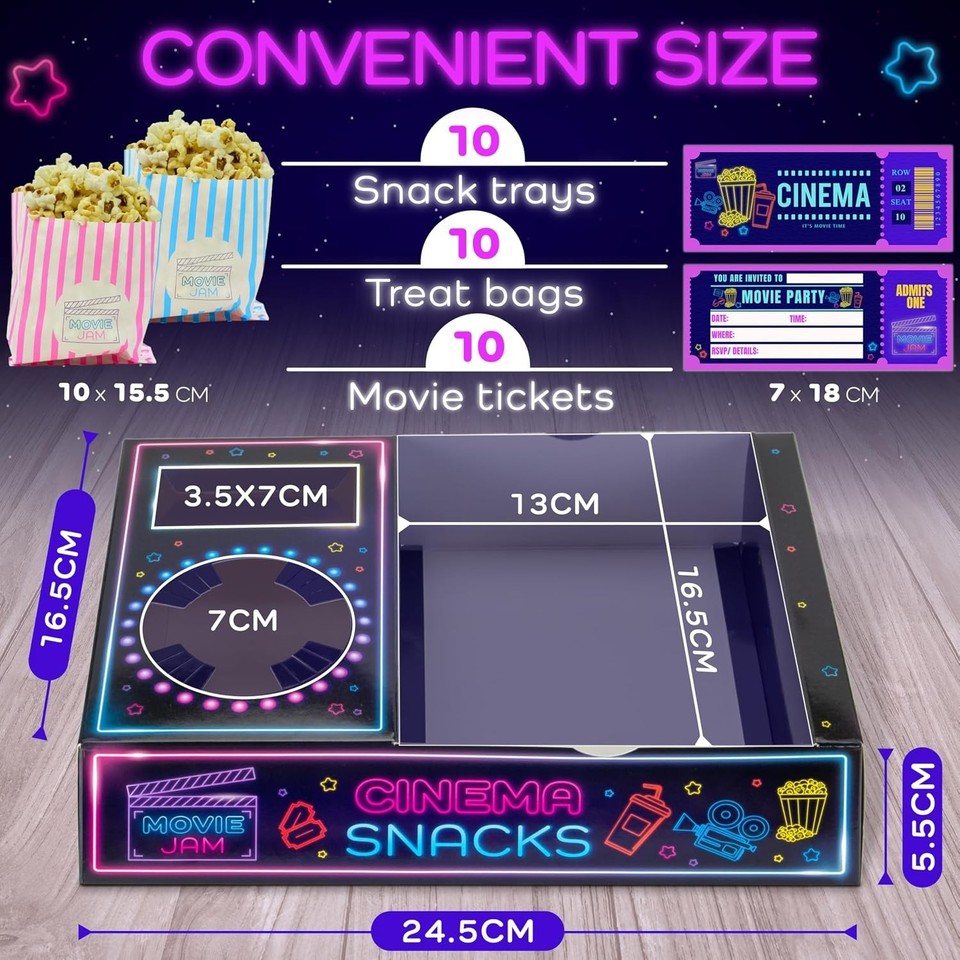 Moviejam Neon Movie Night Snack Trays 10 Popcorn Boxes Candy Bags ...