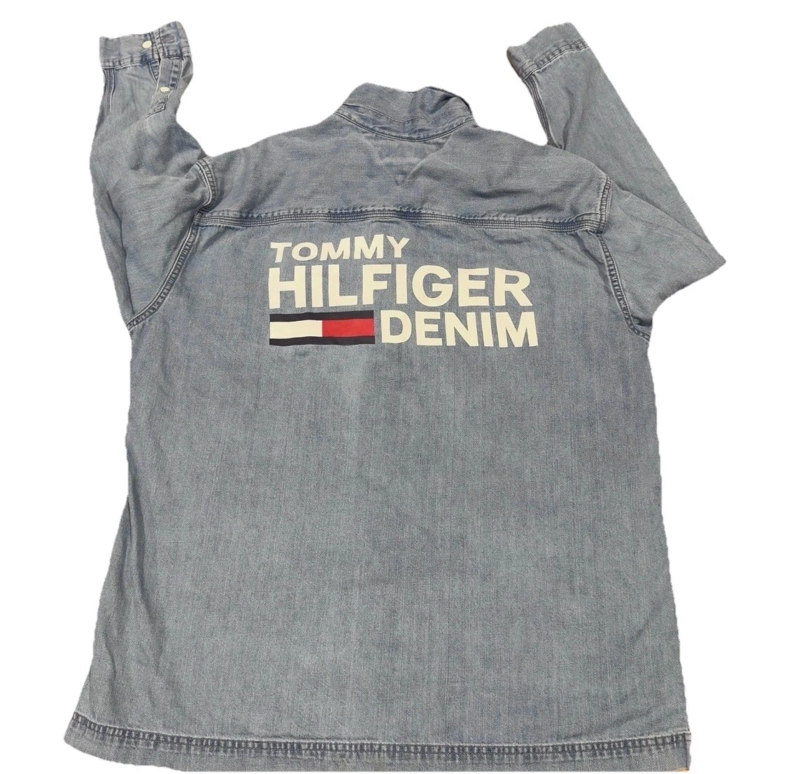 Vintage Tommy Hilfiger Mens L Denim Logo Zip Front Trucker Blue Y2K