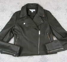 New York & Company Green Faux Leather Moto Jacket Women’s Silver Zip Biker XS