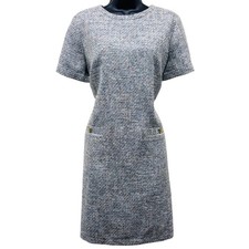 NWT Loft Blue Tweed Shift Dress Gold Crest Buttons Size 8 38480393