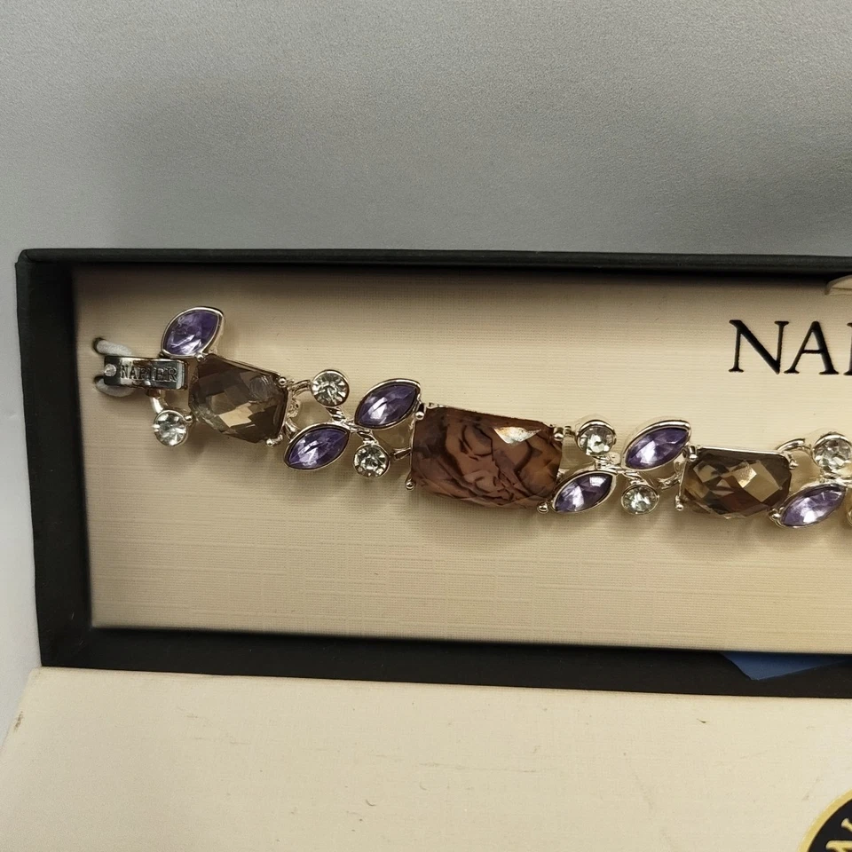 Pulseira Napier roxa lavanda e prata strass pedra preciosa brilhante link da moda - Imagem 3 de 4