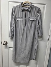 Mlle Gabrielle Women's Striped Shirt Dress Roll Tab Sleeves Quarter Zip Collard