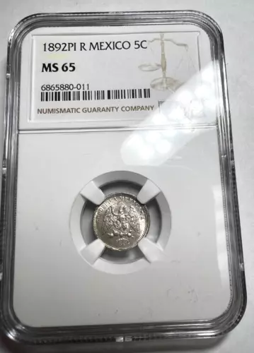 1892 PI R MEXICO Silver 5 centavos, 2nd Republic, NGC MS 65 KM # 398.9