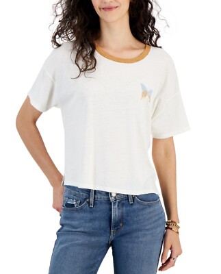 Hippie Rose Juniors' Graphic Ringer Short-Sleeve T-Shirt White Butterfly, M