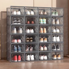 12x Grey Plastic Shoe Storage Boxes Drawer Stackable Foldable Durable Organiser