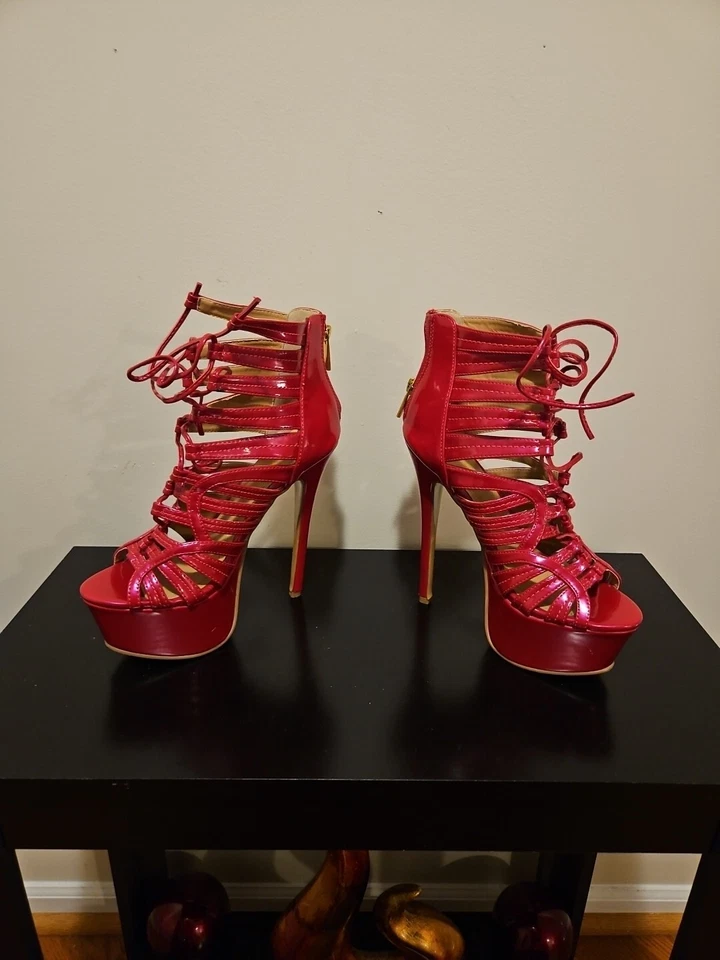 Sandalias de plataforma de tacón Shante by SHOEDAZZLE rosa intenso charol sintético 6,5", talla 8,0 Foto 4 de 4