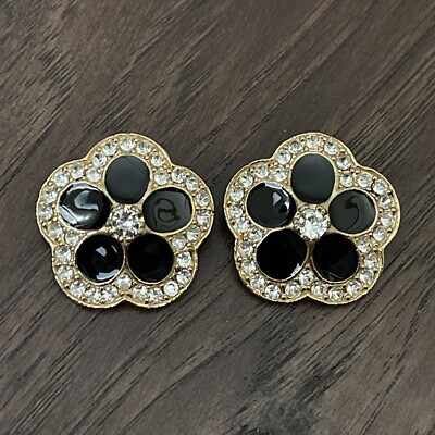 Two Vintage Art Deco Buttons Black Gold Enamel Rhinestone