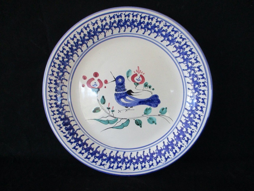 Spongeware Hand Painted Made in Italy Blue Bird Round Chop Plate 11 7/8