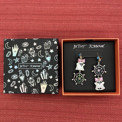 NEW Betsey Johnson Earrings Ghost With Pink Crystal Bow & Spider Web Halloween